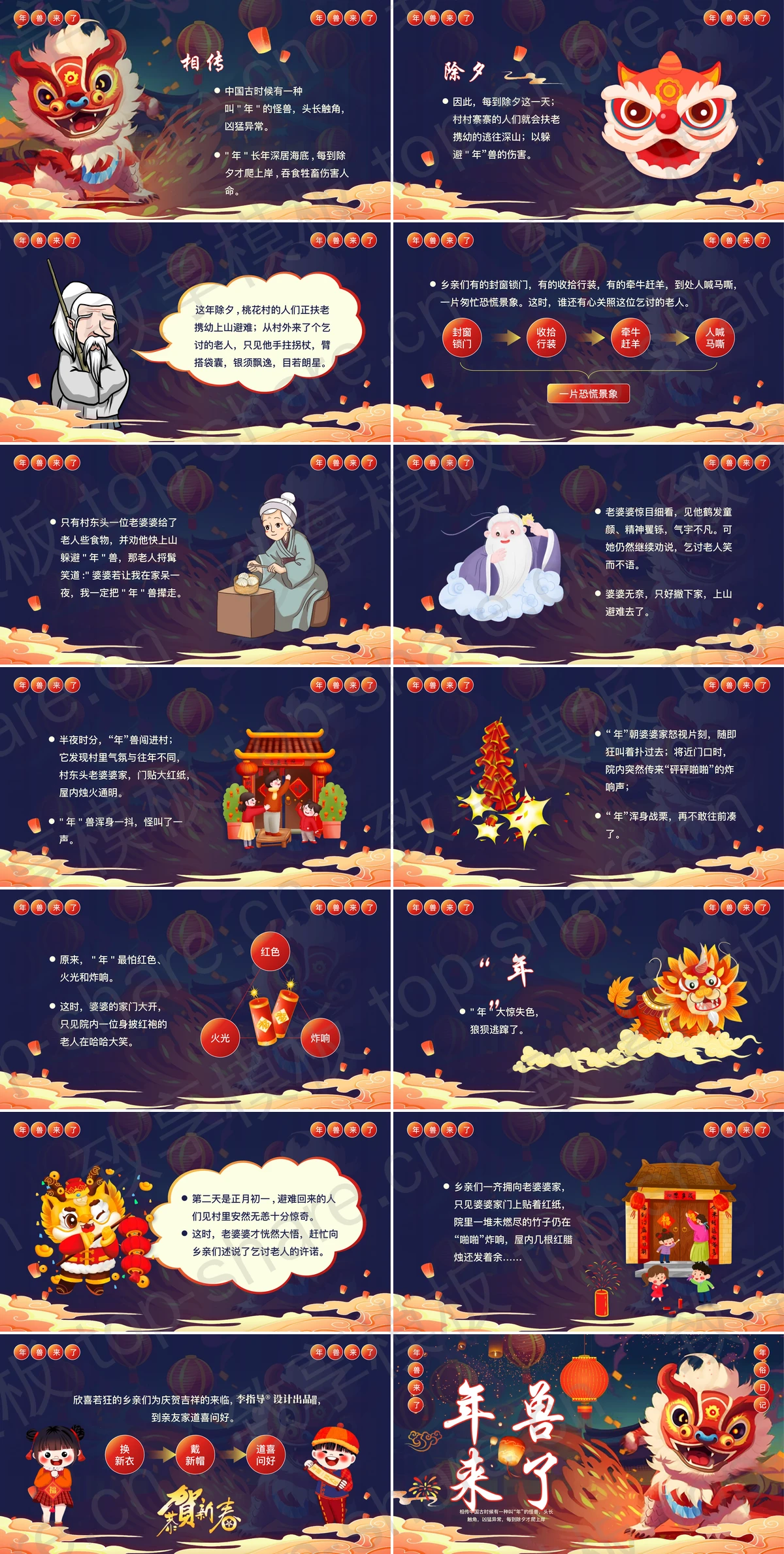 图片[2]-蓝红配色插画风“年兽传说”春节习俗介绍PPT模板 - 致享TOP-SHARE-致享TOP-SHARE