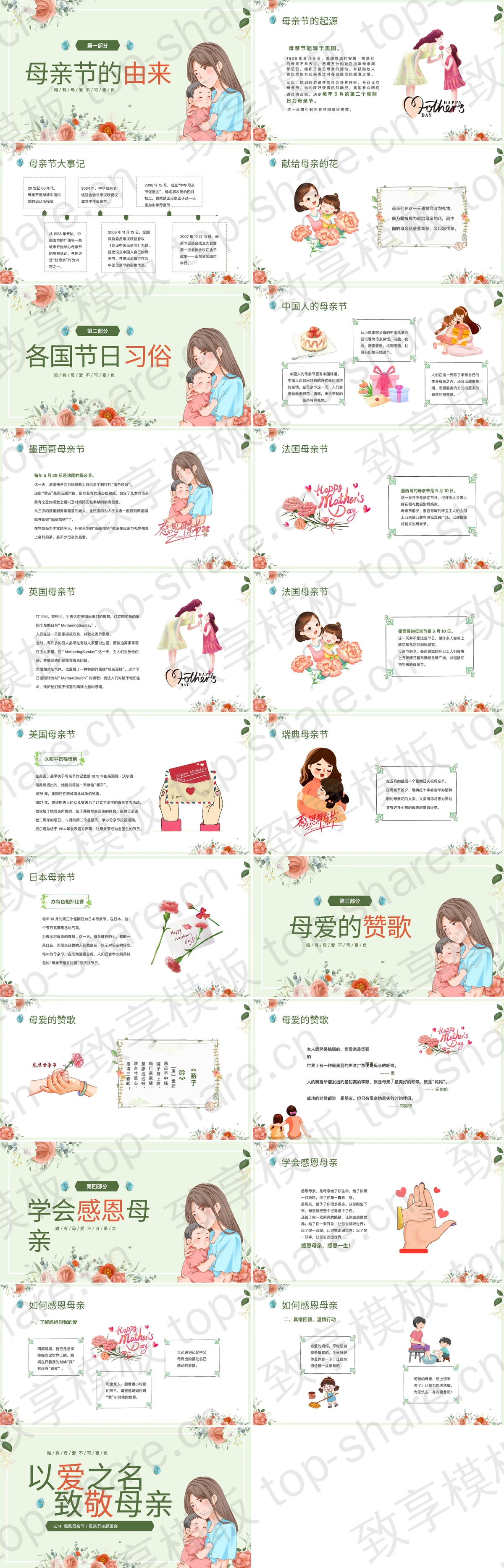 图片[2]-绿色卡通母亲背景的“以爱之名致敬母亲”母亲节主题班会PPT模板 - 致享TOP-SHARE-致享TOP-SHARE