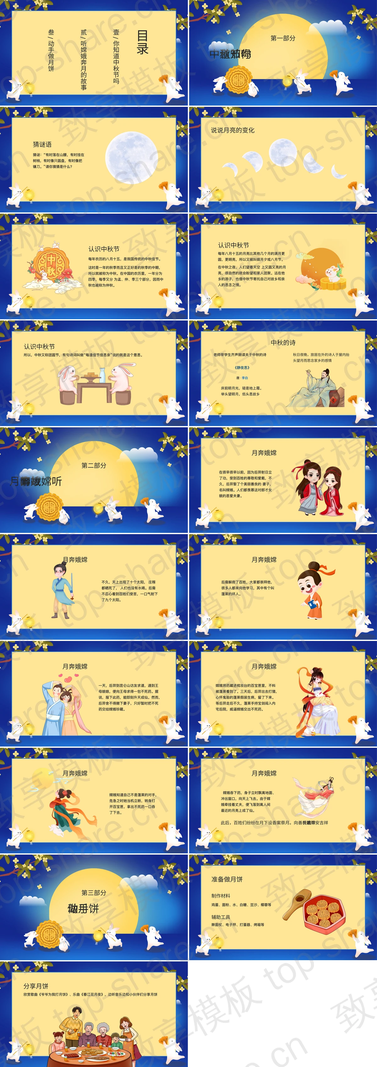 图片[2]-蓝色可爱卡通月亮月饼背景的“中秋快乐”中秋节节日介绍PPT模板 - 致享TOP-SHARE-致享TOP-SHARE