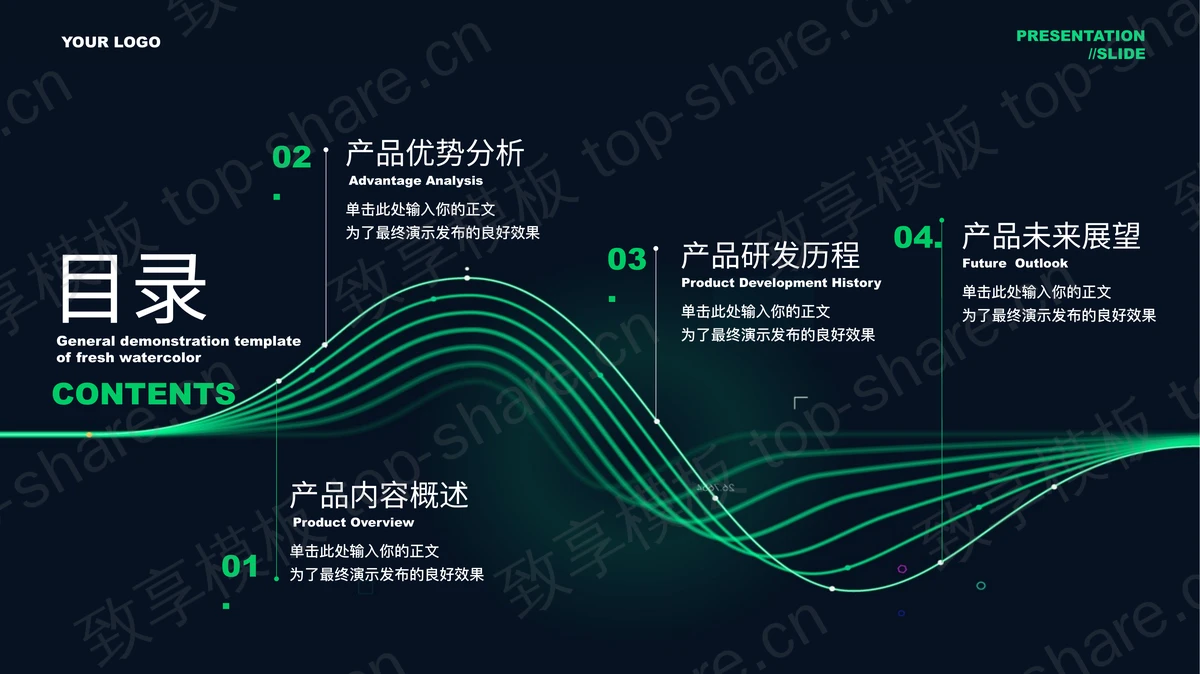 蓝绿配色波浪曲线背景的“数据创新未来”科技风产品发布会PPT模板-致享TOP-SHARE