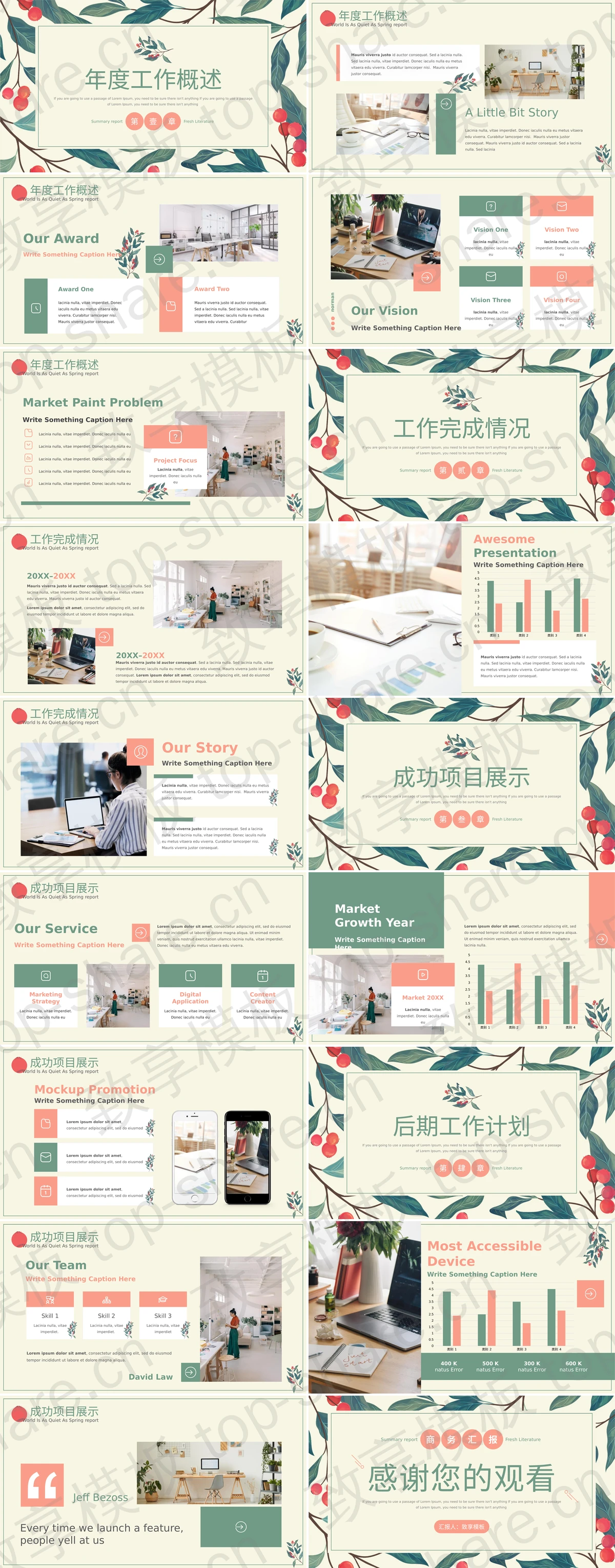 图片[2]-清新彩绘绿叶红果背景商务汇报PPT模板 - 致享TOP-SHARE-致享TOP-SHARE