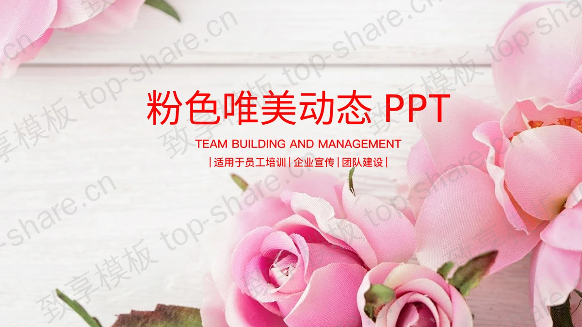 粉色唯美玫瑰背景PPT模板-致享TOP-SHARE