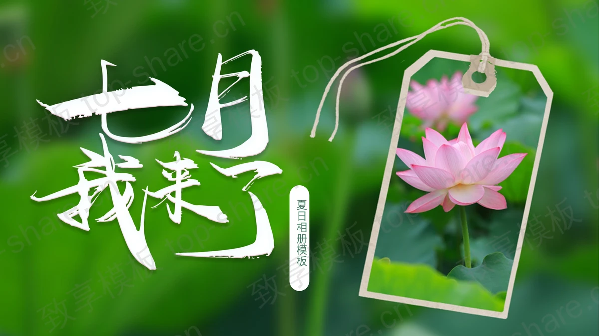 绿色荷叶粉色荷花背景的七月我来了PPT模板下载 - 致享TOP-SHARE-致享TOP-SHARE