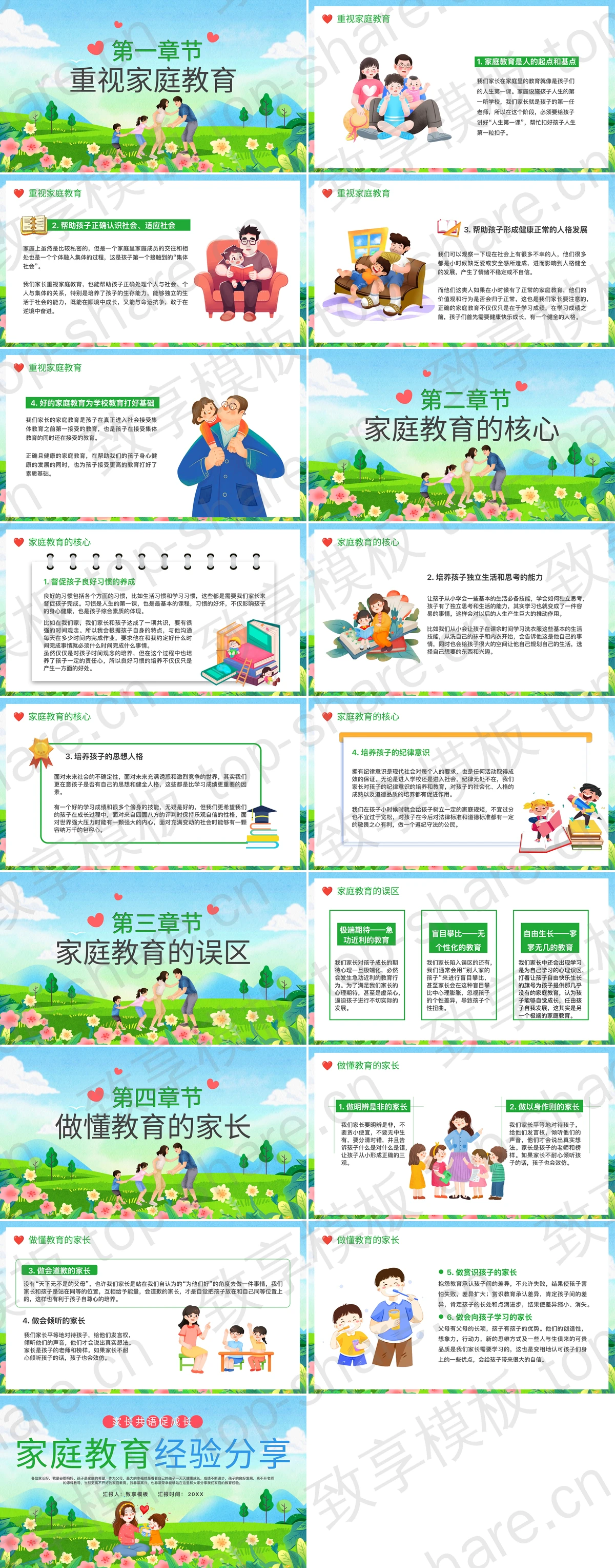 图片[2]-蓝绿配色清新卡通家庭教育经验分享PPT模板 - 致享TOP-SHARE-致享TOP-SHARE