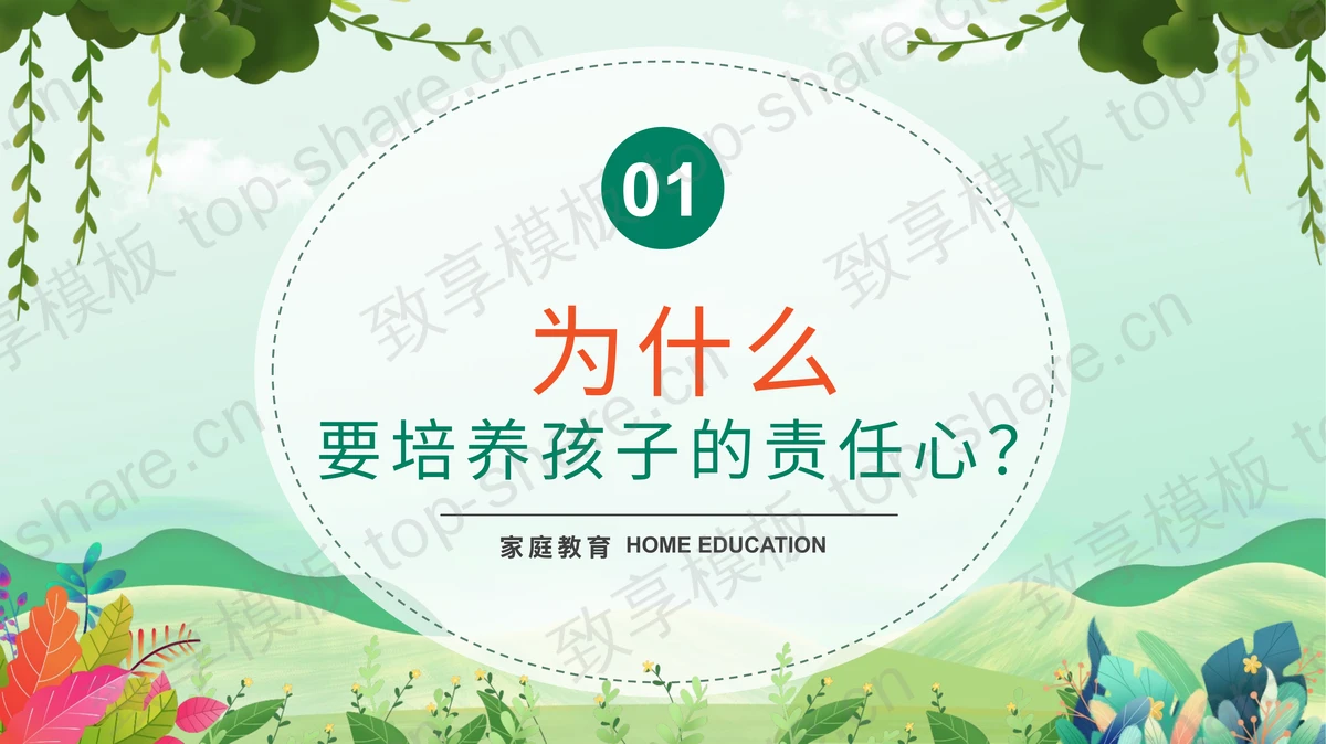 绿色卡通背景“如何培养孩子的责任心”家庭教育PPT模板-致享TOP-SHARE