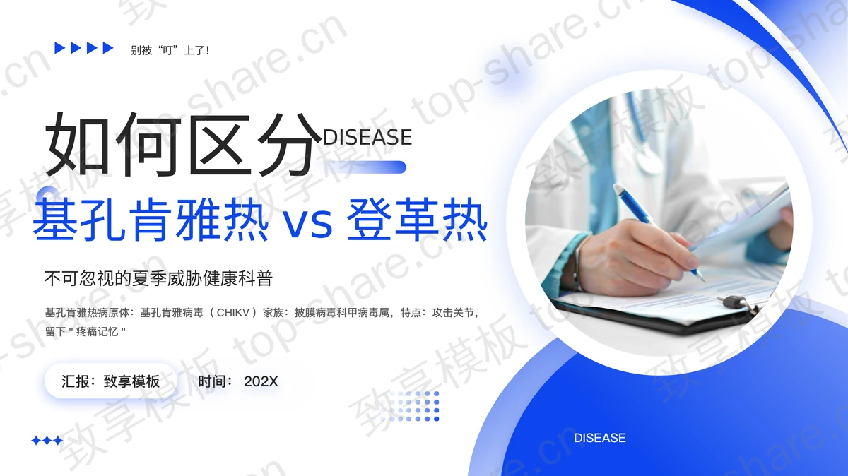 蓝色医生背景的如何区分基孔肯雅热vs登革热医学科普PPT模板-致享TOP-SHARE