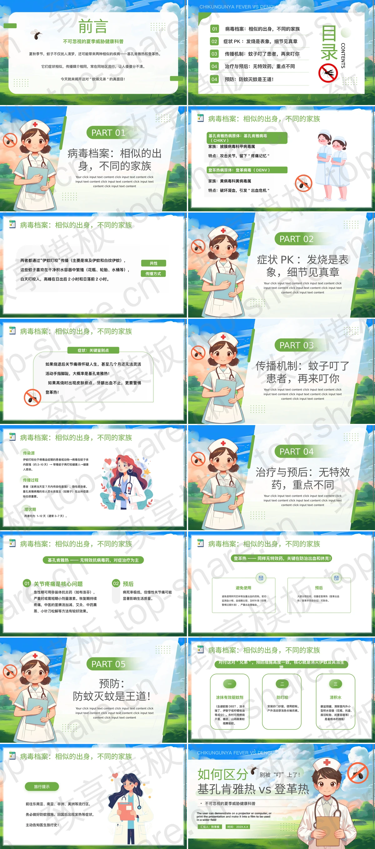 图片[2]-蓝绿插画风如何区分基孔肯雅热vs登革热医学知识科普PPT模板 - 致享TOP-SHARE-致享TOP-SHARE