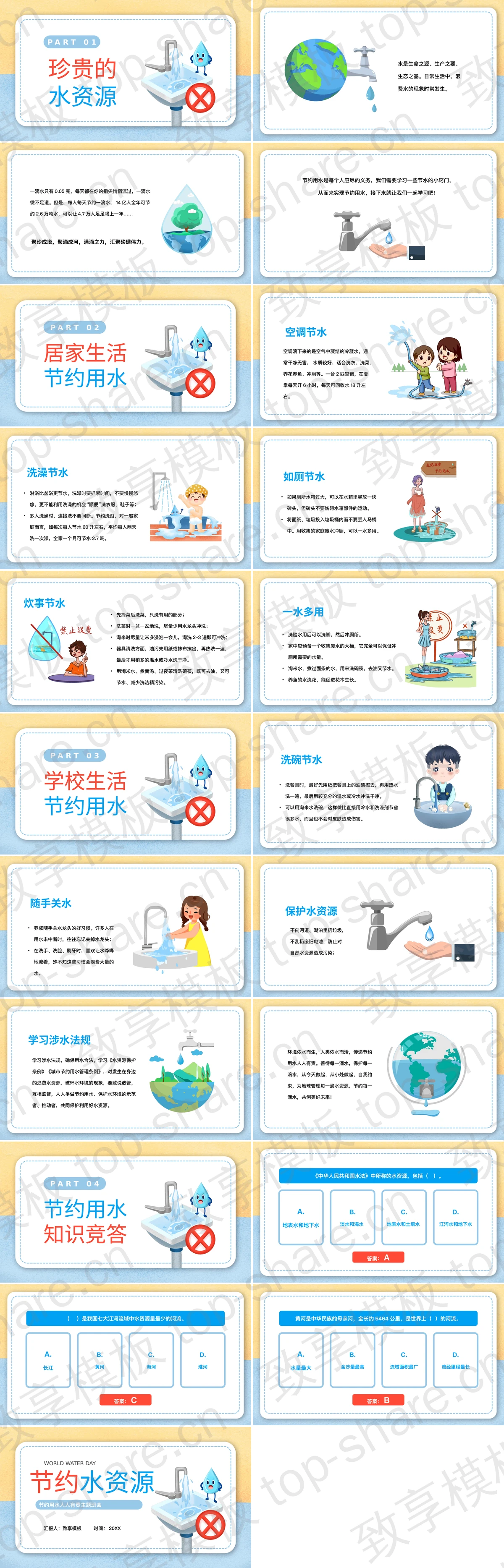 图片[2]-蓝黄配色卡通风格的“节约水资源”主题班会PPT模板下载 - 致享TOP-SHARE-致享TOP-SHARE