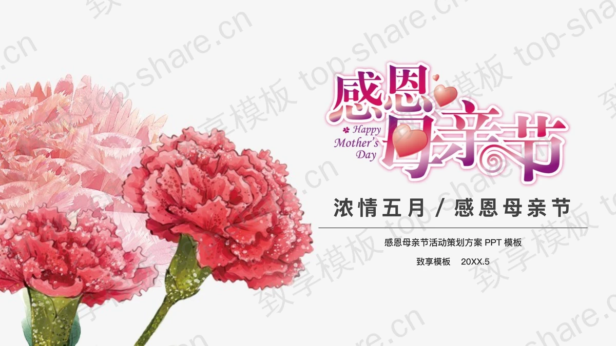 康乃馨背景的浓情五月感恩母亲PPT模板-致享TOP-SHARE