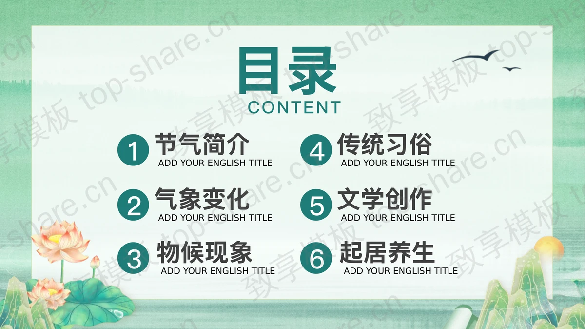 绿色国风荷花荷叶背景大暑节气介绍PPT模板-致享TOP-SHARE