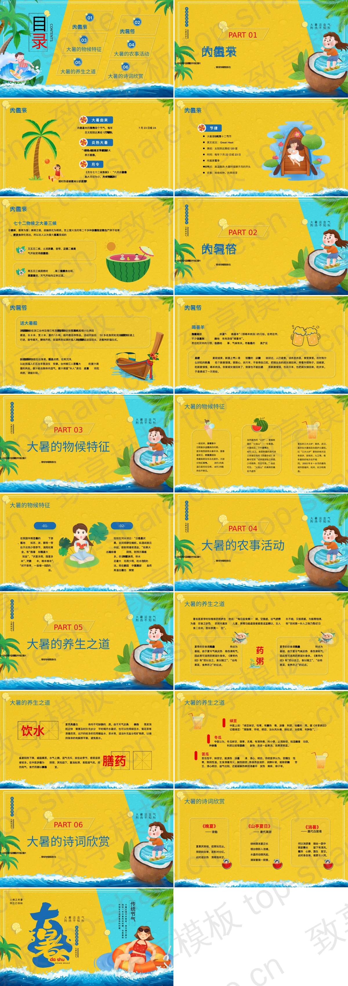 图片[2]-黄蓝撞色卡通风格大暑节气介绍PPT模板 - 致享TOP-SHARE-致享TOP-SHARE