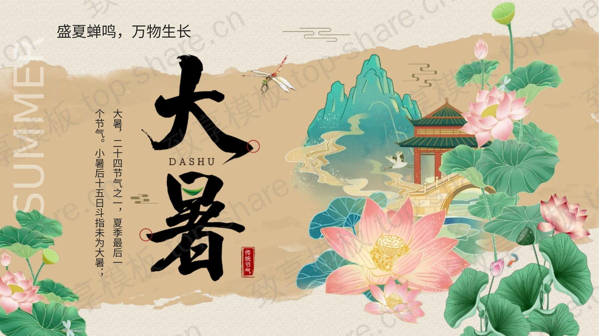 国潮风荷花荷叶背景大暑节气介绍PPT模板-致享TOP-SHARE