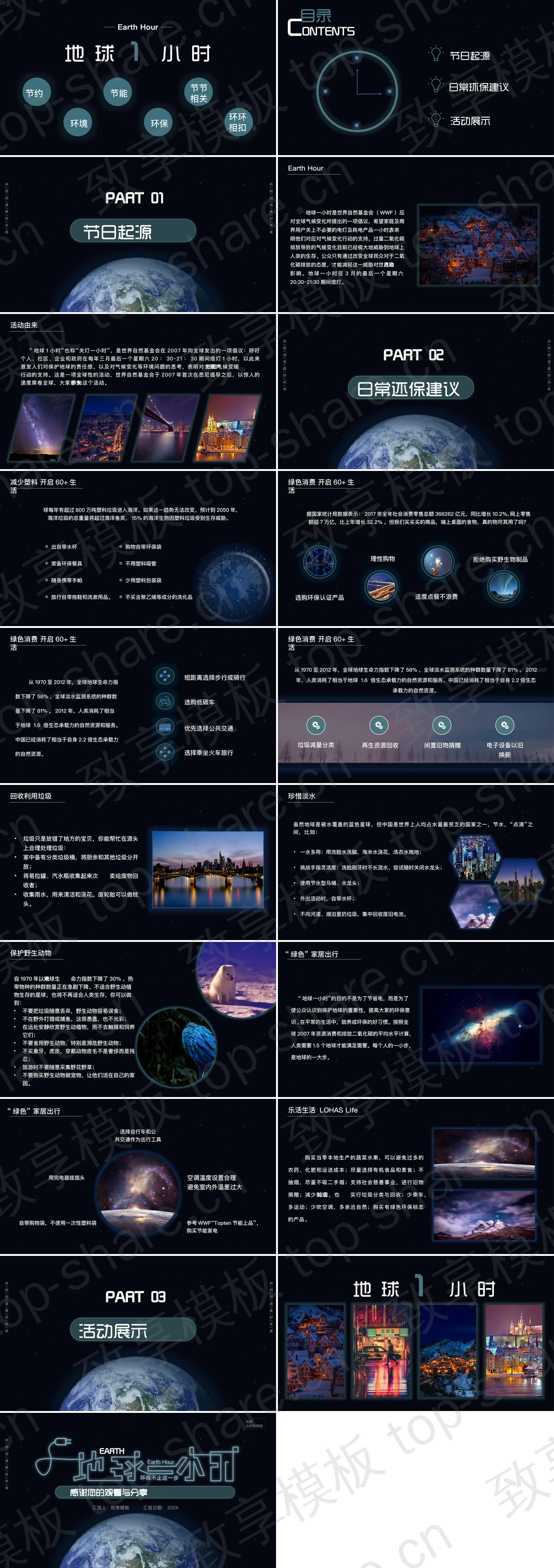 图片[2]-蓝色地图背景地球一小时节能环保主题教育PPT模板下载 - 致享TOP-SHARE-致享TOP-SHARE