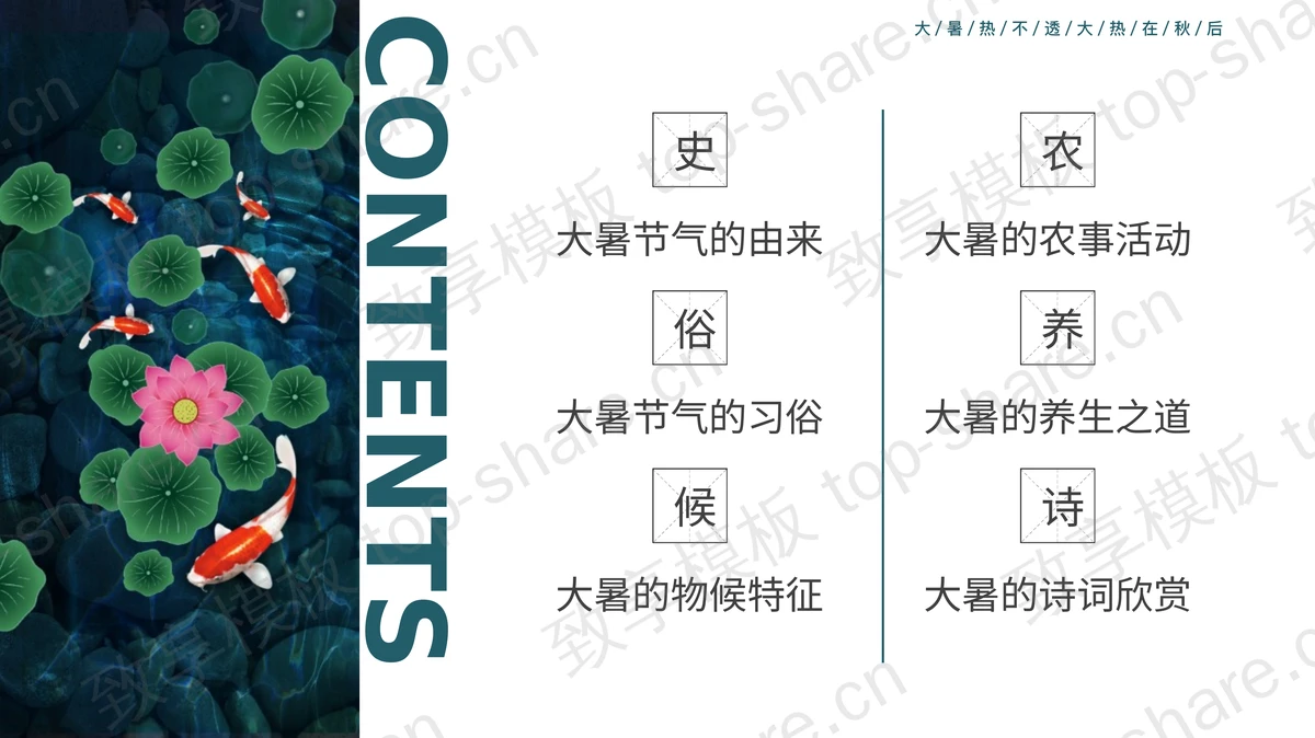 荷花荷叶背景二十四节气之大暑节气介绍PPT模板-致享TOP-SHARE