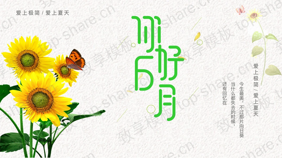 向日葵与蝴蝶背景的你好6月PPT模板下载-致享TOP-SHARE