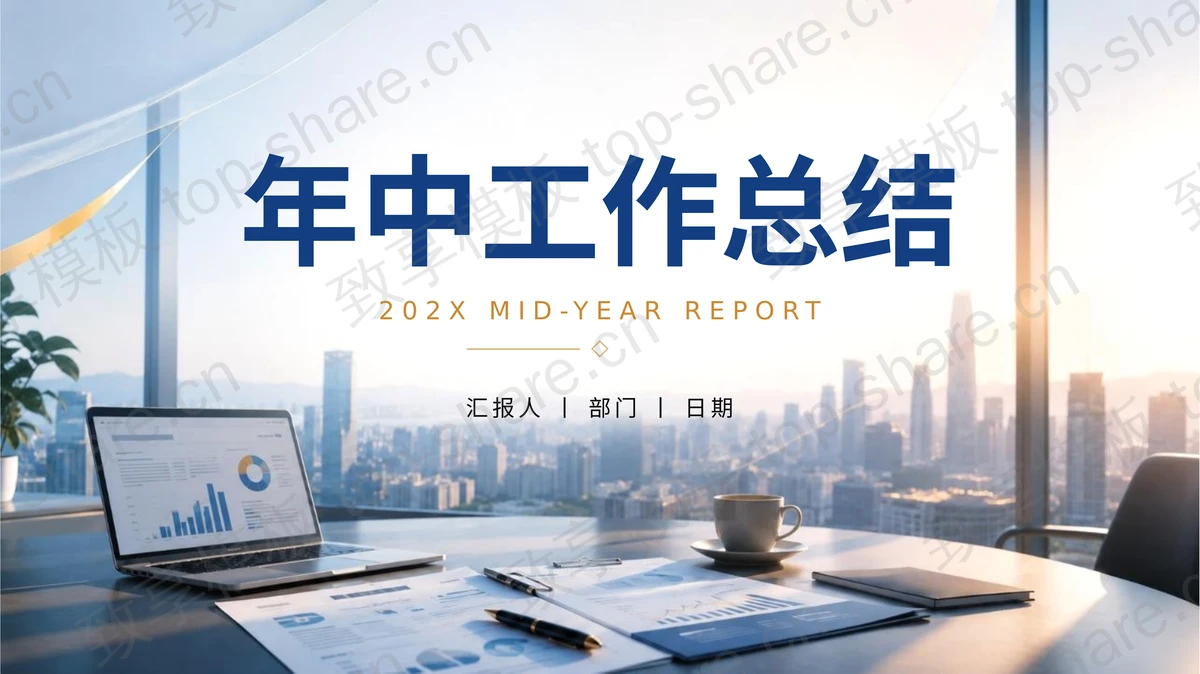 蓝色办公桌面背景商务风年中工作总结PPT模板-致享TOP-SHARE