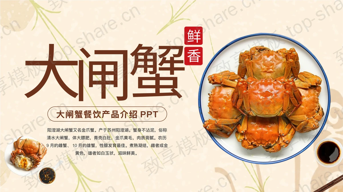 清蒸大闸蟹背景的大闸蟹餐饮产品介绍PPT模板-致享TOP-SHARE