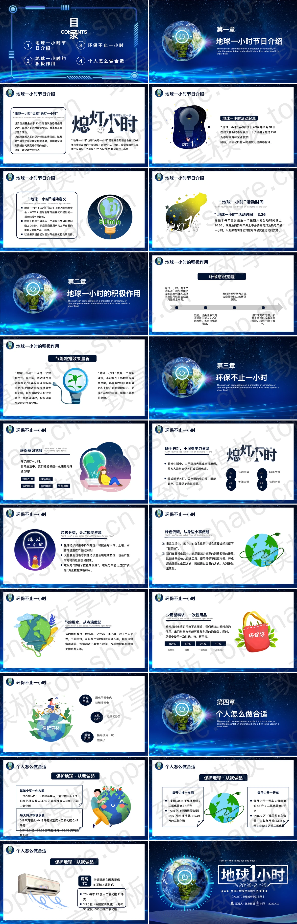 图片[2]-蓝色地球背景的“地球1小时”环保主题PPT模板下载 - 致享TOP-SHARE-致享TOP-SHARE