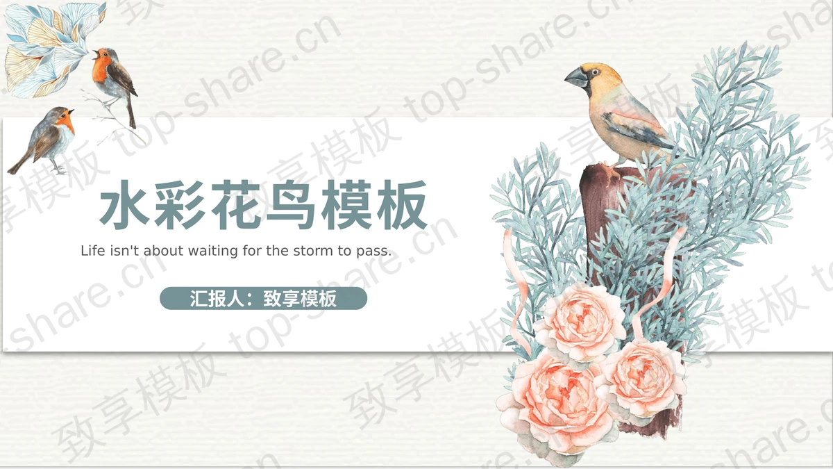 淡雅水彩花鸟PPT模板免费下载-致享TOP-SHARE