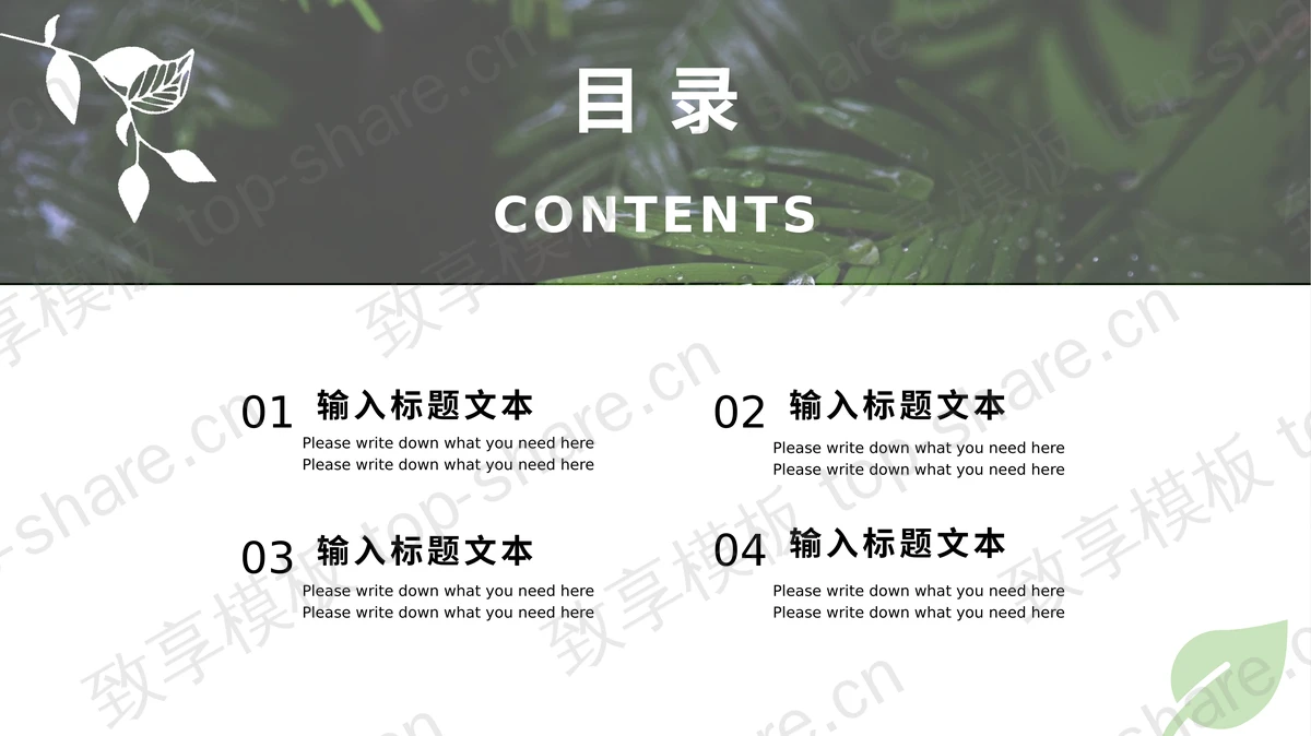 精美植物绿叶背景的你好夏天PPT模板下载-致享TOP-SHARE