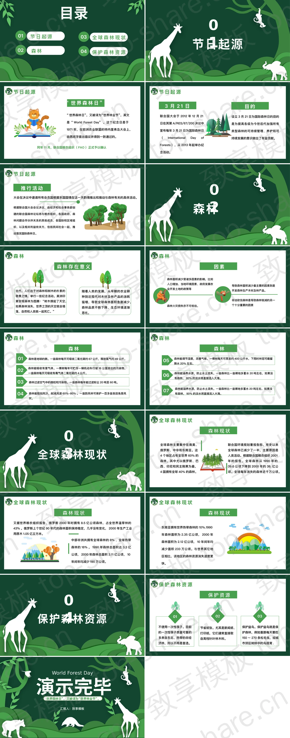 图片[2]-绿色大树动物剪影背景的世界森林日宣传介绍PPT模板下载 - 致享TOP-SHARE-致享TOP-SHARE