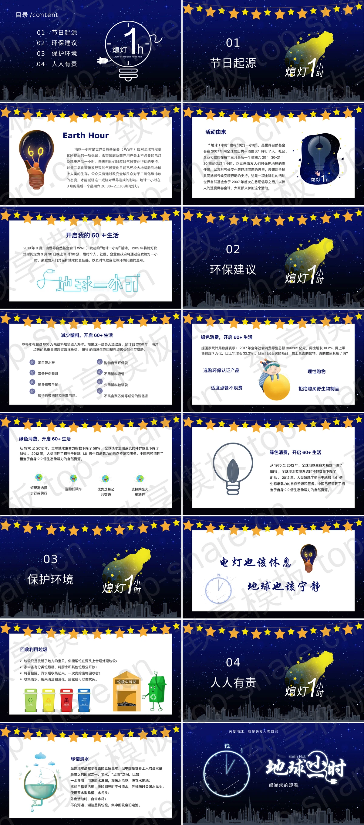 图片[2]-蓝色星空搭配城市剪影背景的“地球一小时”环保主题PPT模板下载 - 致享TOP-SHARE-致享TOP-SHARE