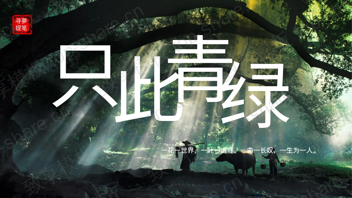 绿色森林背景“只此青绿”中国风PPT模板-致享TOP-SHARE