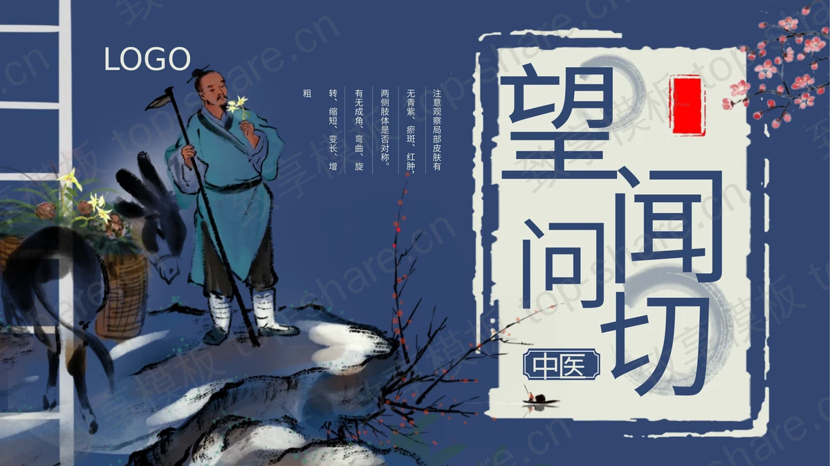 蓝色古典水墨风“望闻问切”中医四诊文化宣传PPT模板-致享TOP-SHARE