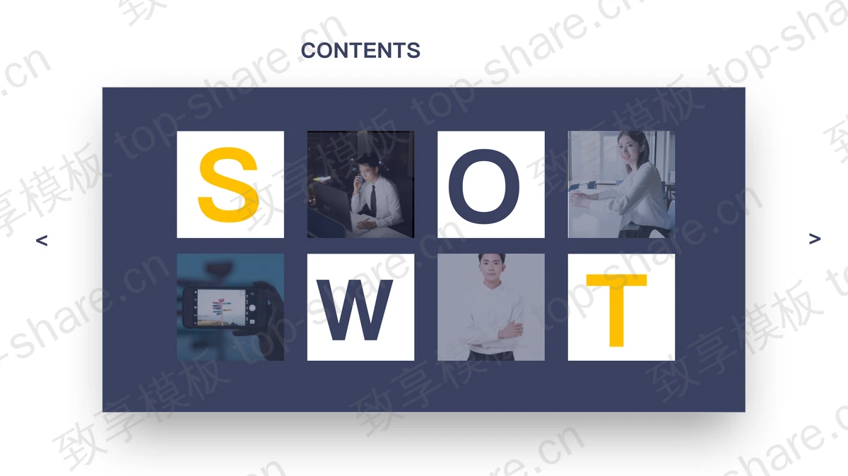 精致简约蓝黄配色SWOT分析PPT模板-致享TOP-SHARE