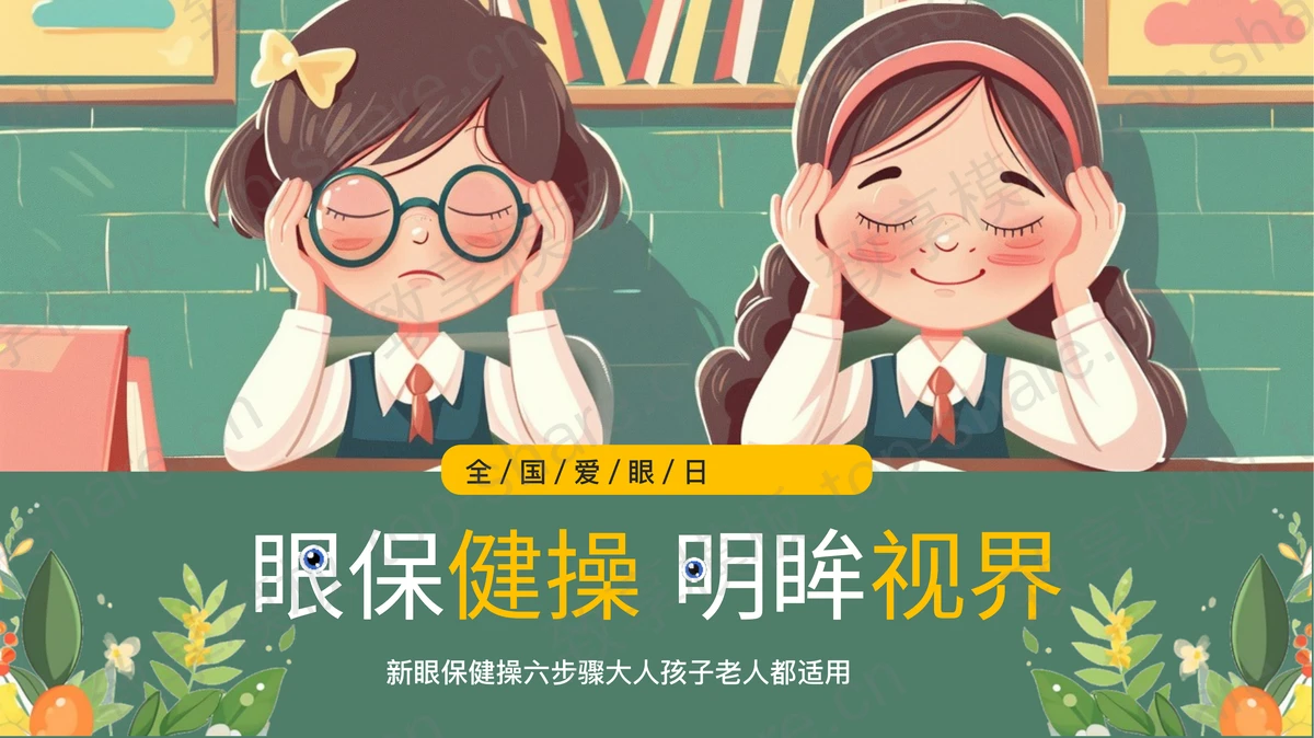 绿色卡通“眼保健操明眸视界”全国爱眼日主题班会PPT模板-致享TOP-SHARE