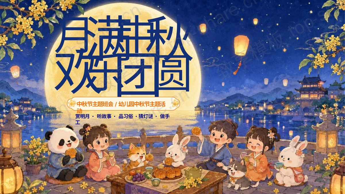 蓝色插画风“月满中秋欢乐团圆”中秋节主题班会PPT模板下载-致享TOP-SHARE